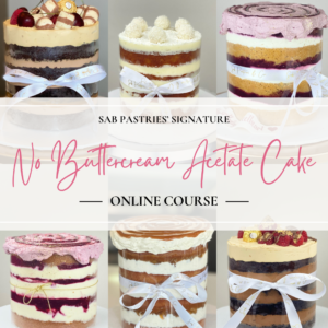 Flyer of the No buttercream acetate cake online course by Sab Pastries